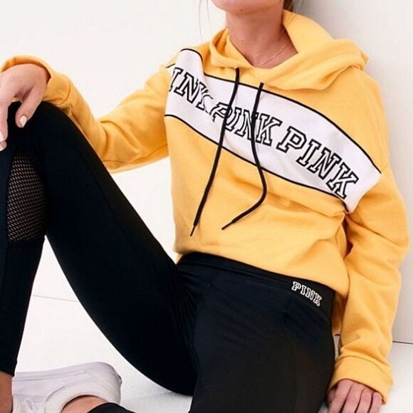 PINK Victoria's Secret Gold Yellow Pullover Graphic Logo Hoodie - Picture 1 of 15